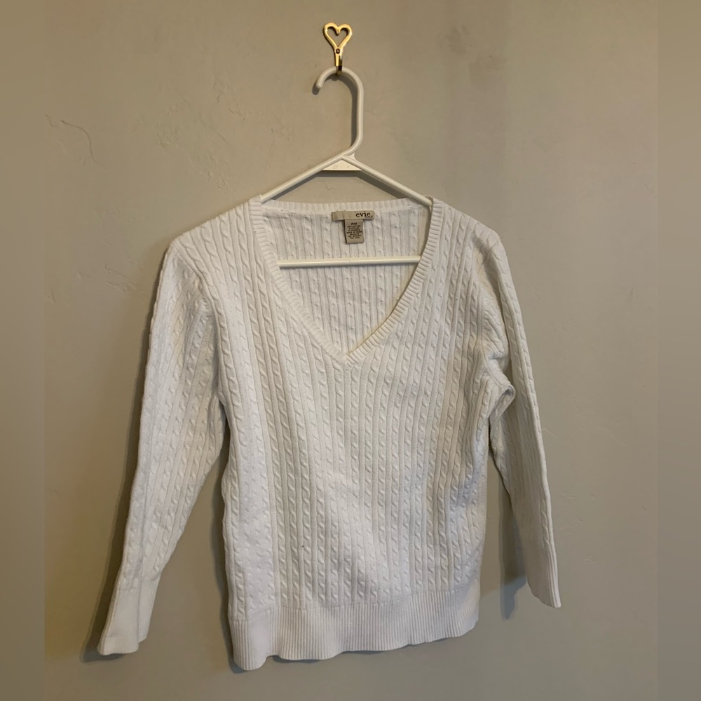 Vintage Y2k Evie V Neck Ribbed Cable Knit White Cotton Pullover Closet Staple PM